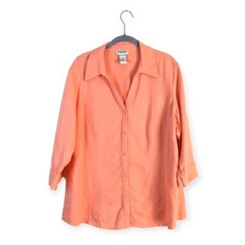 Vintage Bridgewater Coral Linen 3/4 Sleeve Collared Button Down Top 18W Beach